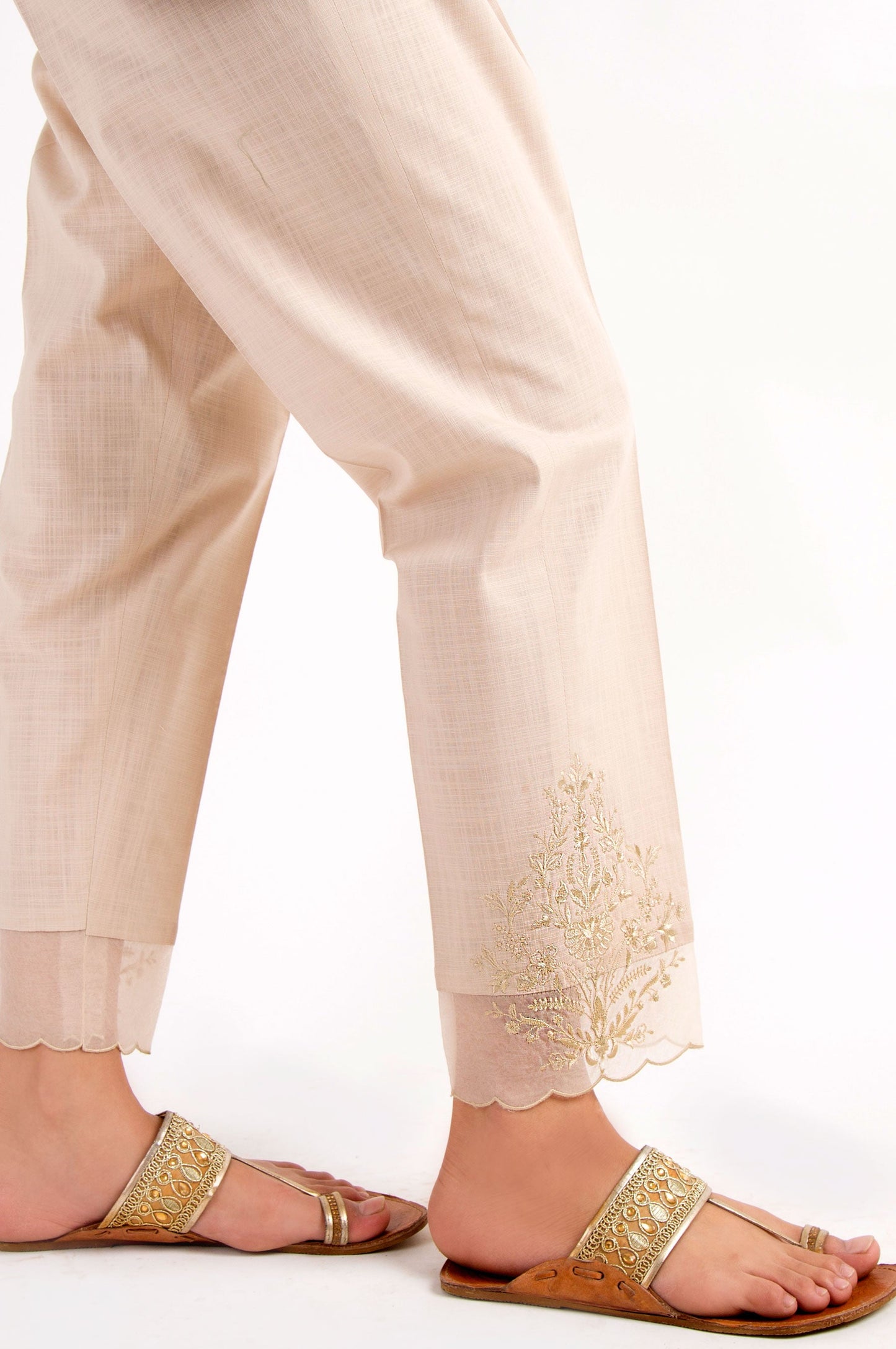 Cotton Slub Embroidered Cigarette Pants - Beige