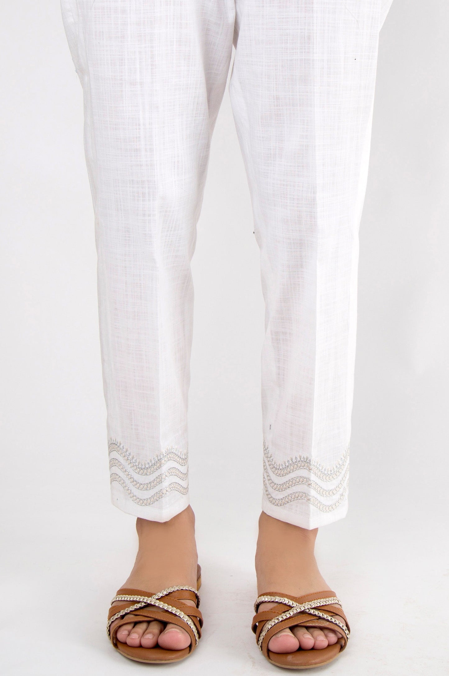 Embroidered Cotton Slub Pants - White