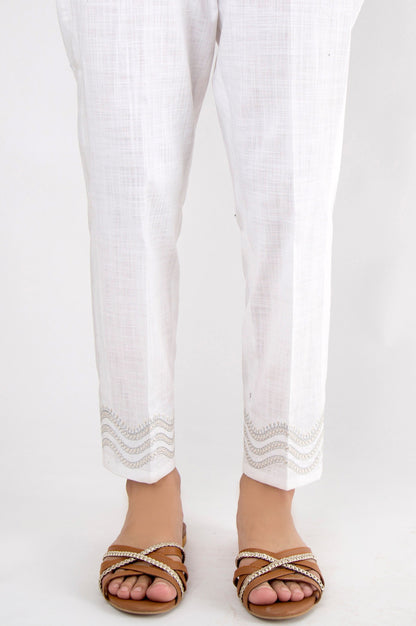 Embroidered Cotton Slub Pants - White