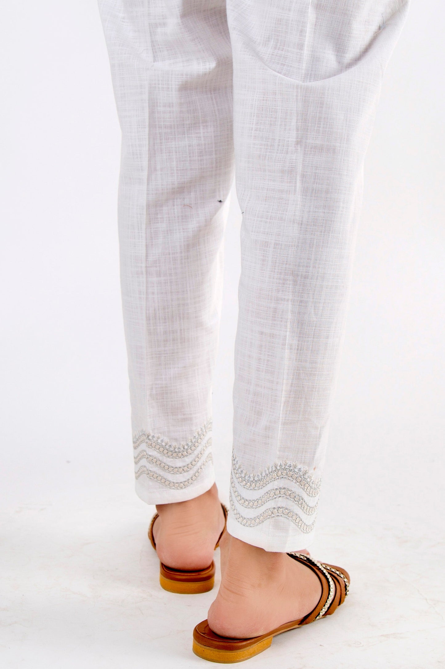 Embroidered Cotton Slub Pants - White