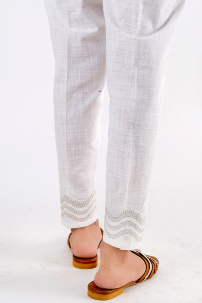 Embroidered Cotton Slub Pants - White