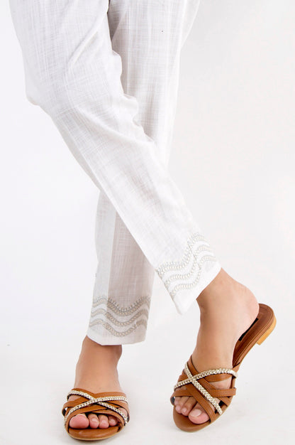 Embroidered Cotton Slub Pants - White
