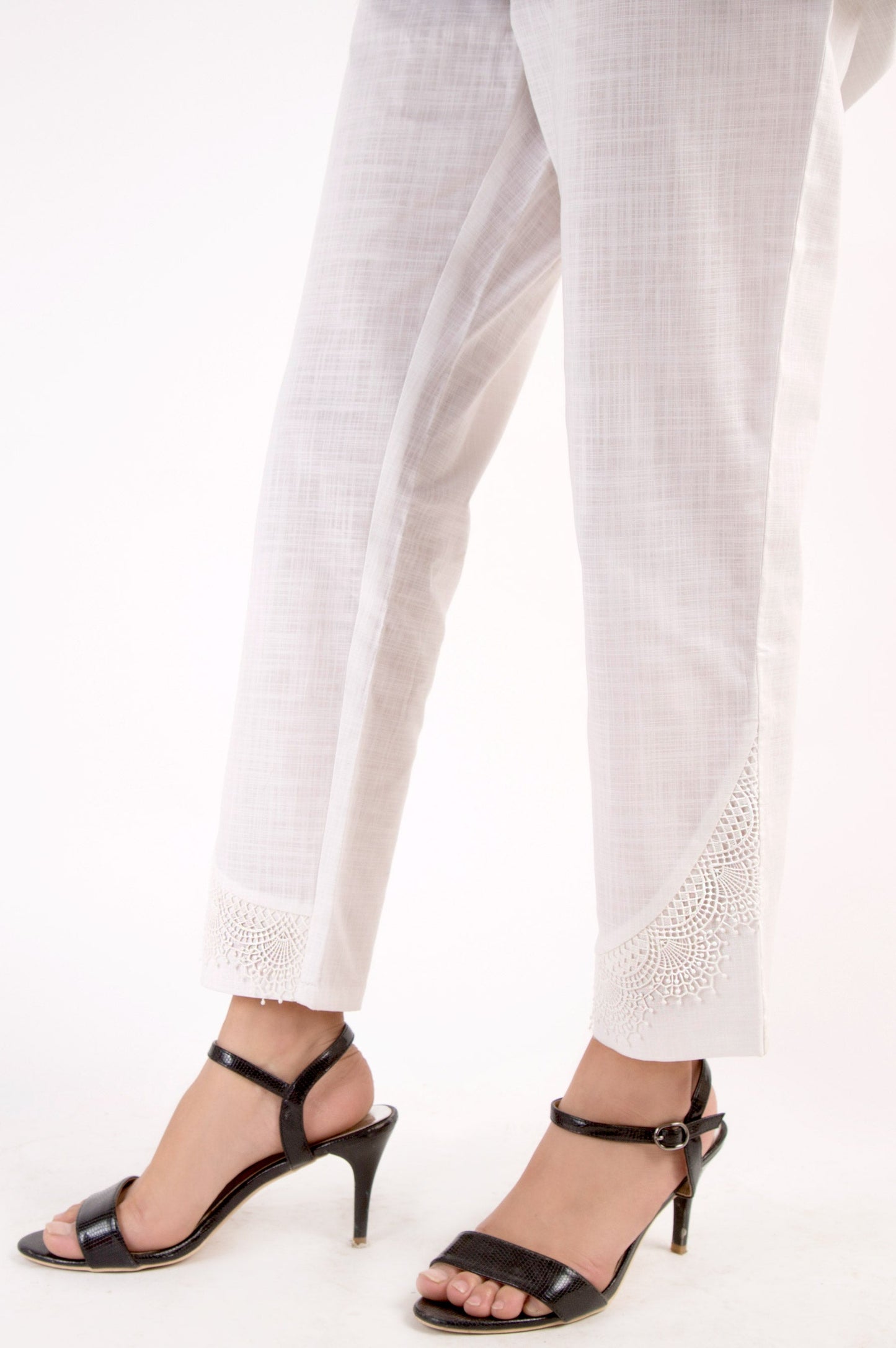 Embellished Cotton Slub Pants - White