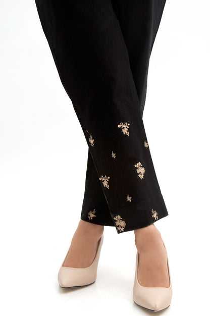 Embroidered Cotton Slub Cigarette Pants  - Black