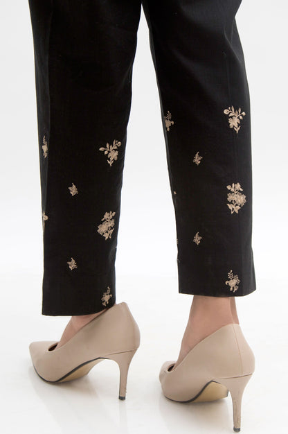 Embroidered Cotton Slub Cigarette Pants  - Black