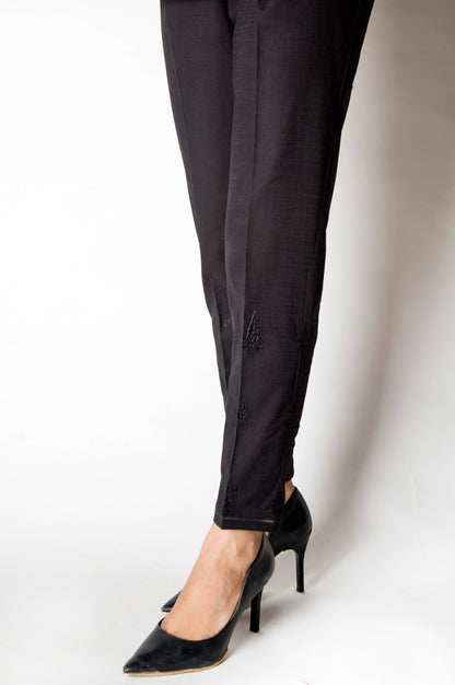 Embroidered Cotton Slub Cigarette Pants  - Black