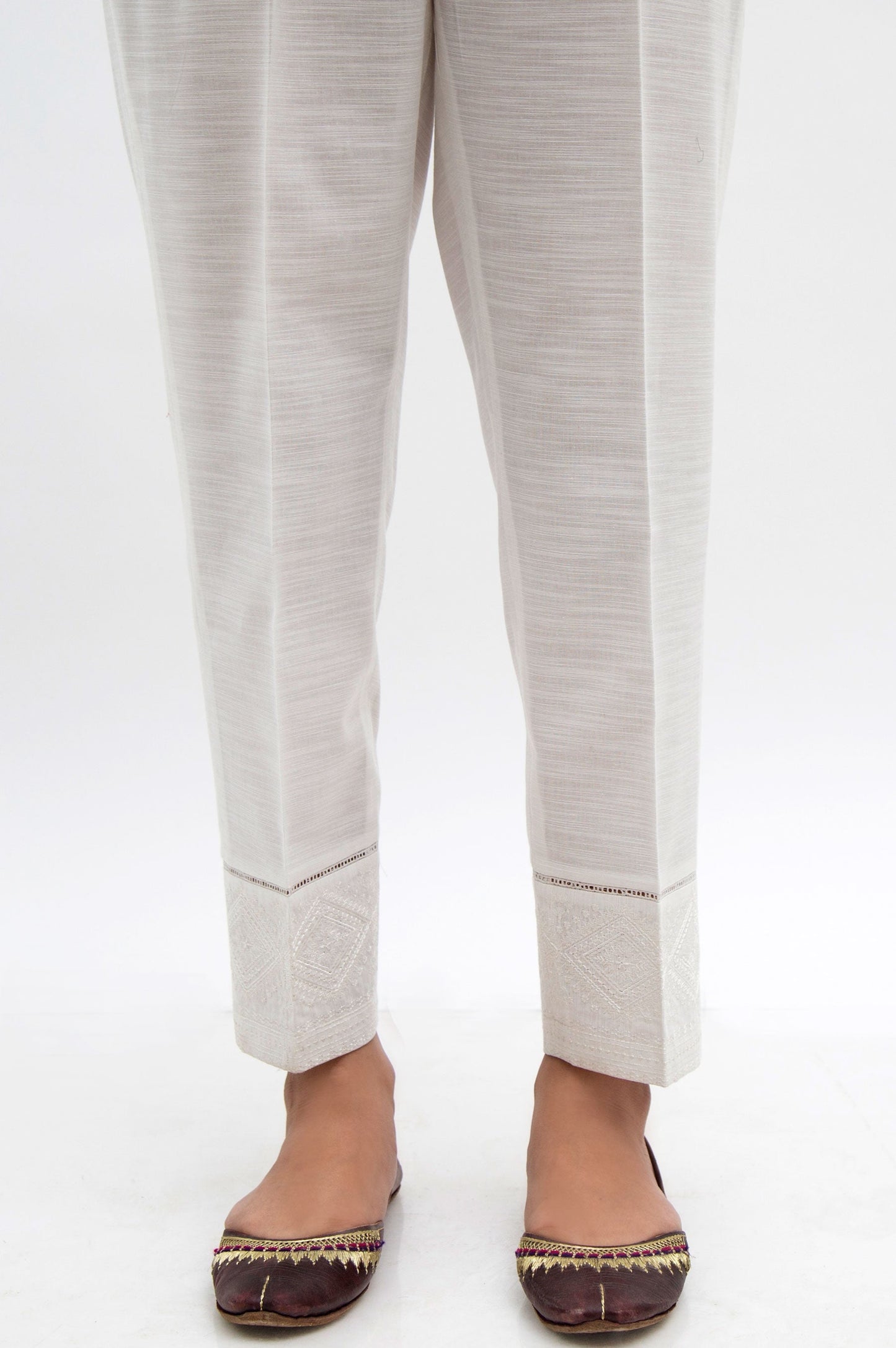 Embroidered Cotton Slub Cigarette Pants  - White
