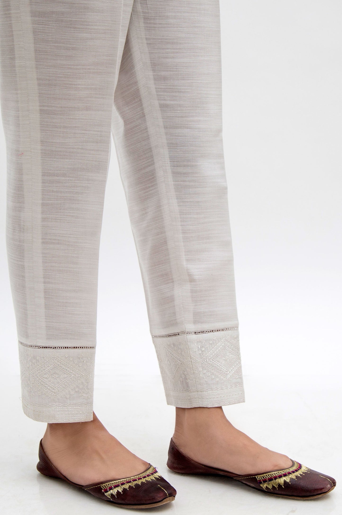 Embroidered Cotton Slub Cigarette Pants  - White