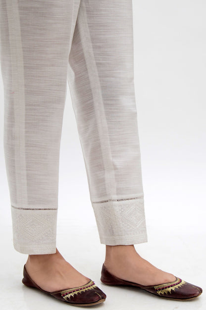 Embroidered Cotton Slub Cigarette Pants  - White