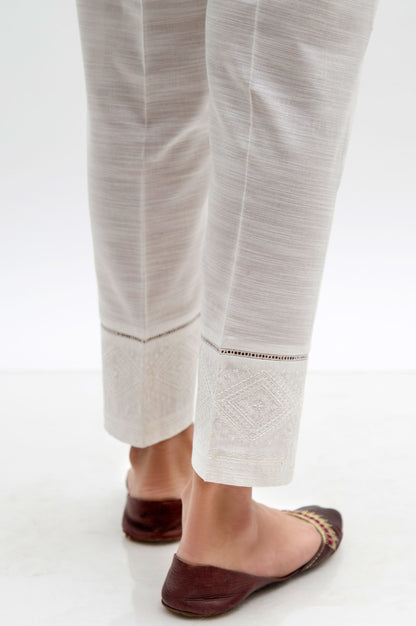 Embroidered Cotton Slub Cigarette Pants  - White