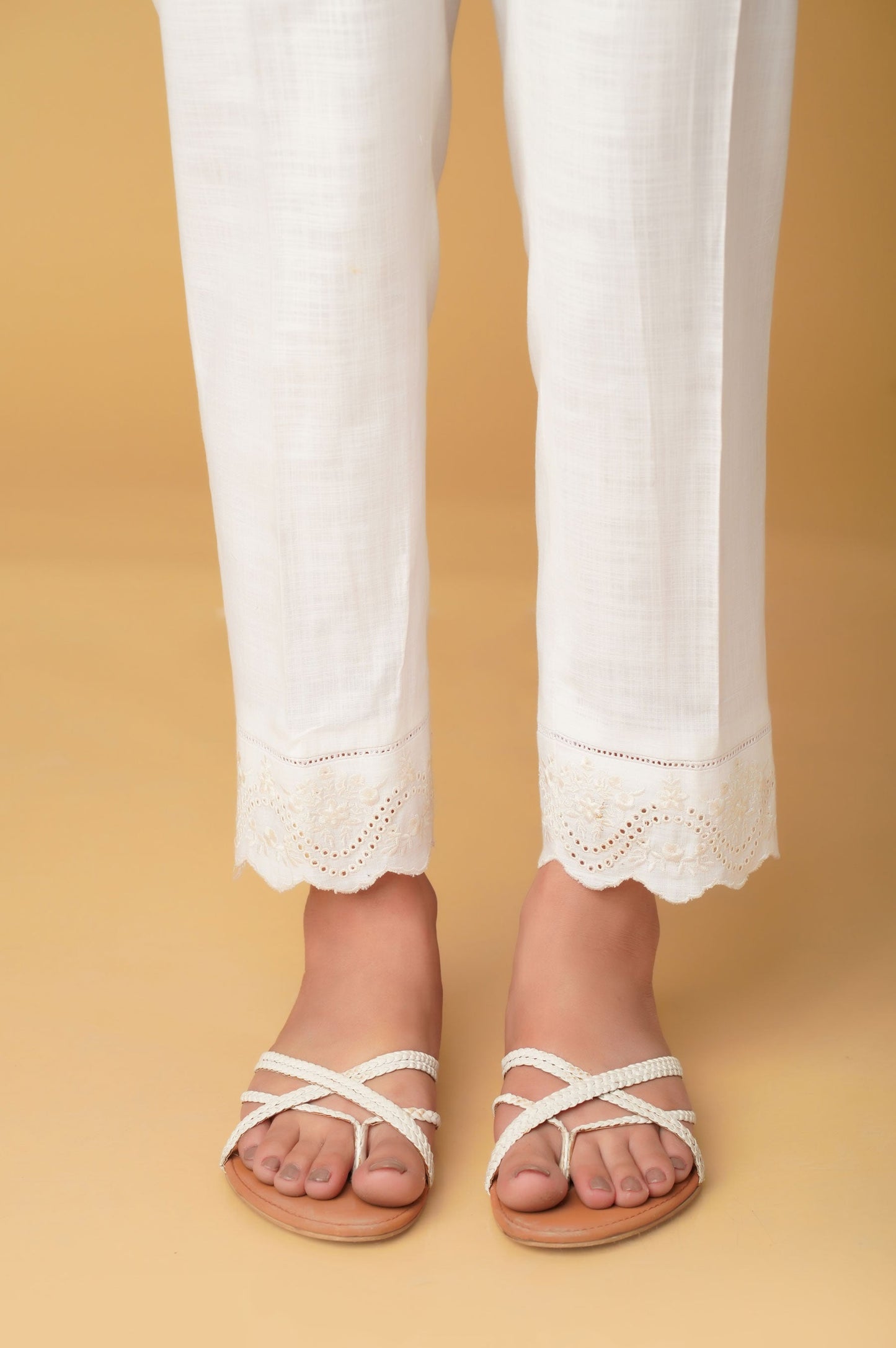 Embroidered Cotton Slub Cigarette Pants - White