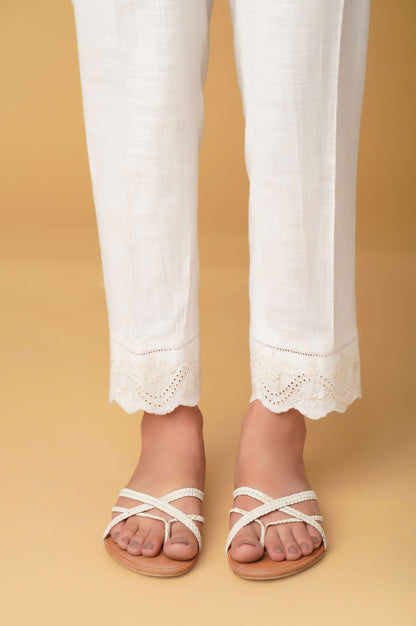 Embroidered Cotton Slub Cigarette Pants - White