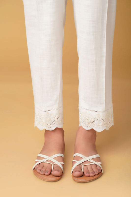 Embroidered Cotton Slub Cigarette Pants - White