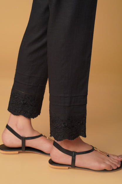 Embroidered Cotton Slub Cigarette Pants - Black