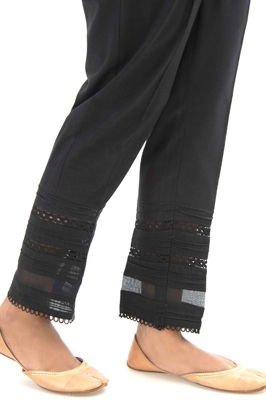 Embroidered Cotton Slub Cigarette Pants - Black