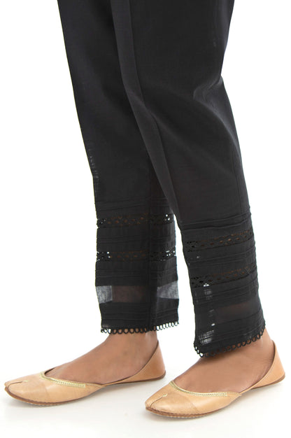 Embroidered Cotton Slub Cigarette Pants - Black