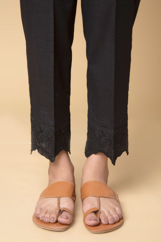 Embroidered Cotton Slub Cigarette Pants - Black