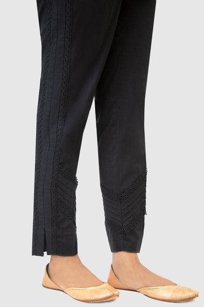 Embellished Cotton Slub Cigeratte Pants - Black
