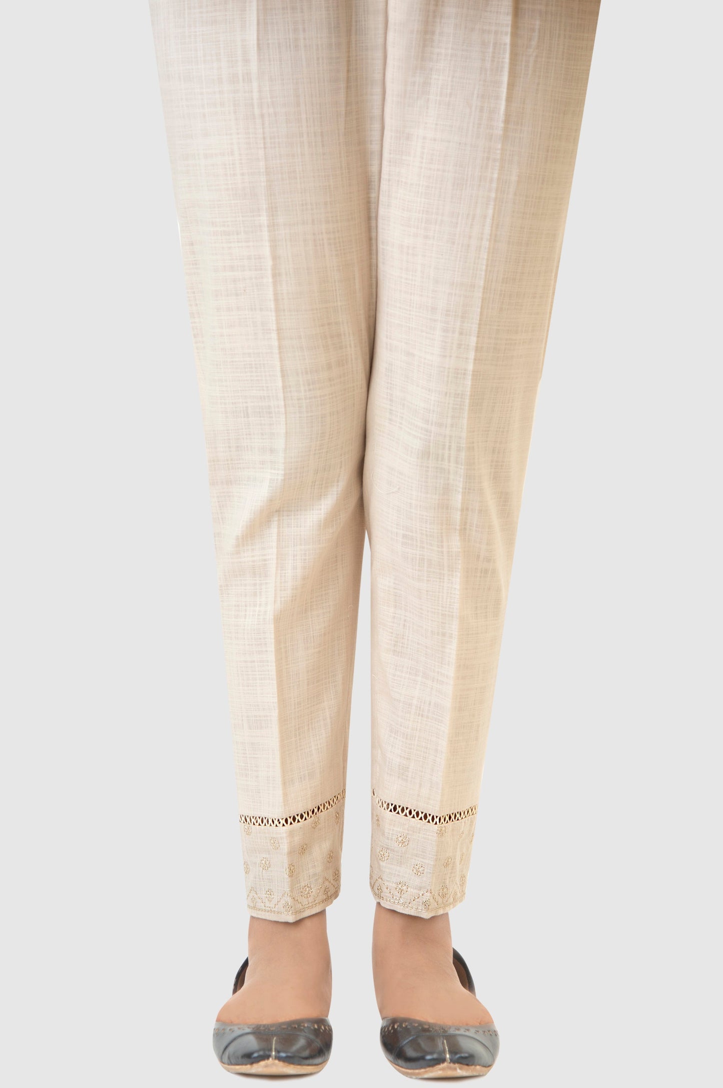 Embroidered Cotton Slub Cigeratte Pants - Beige