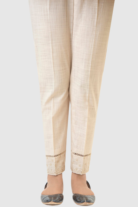 Embroidered Cotton Slub Cigeratte Pants - Beige