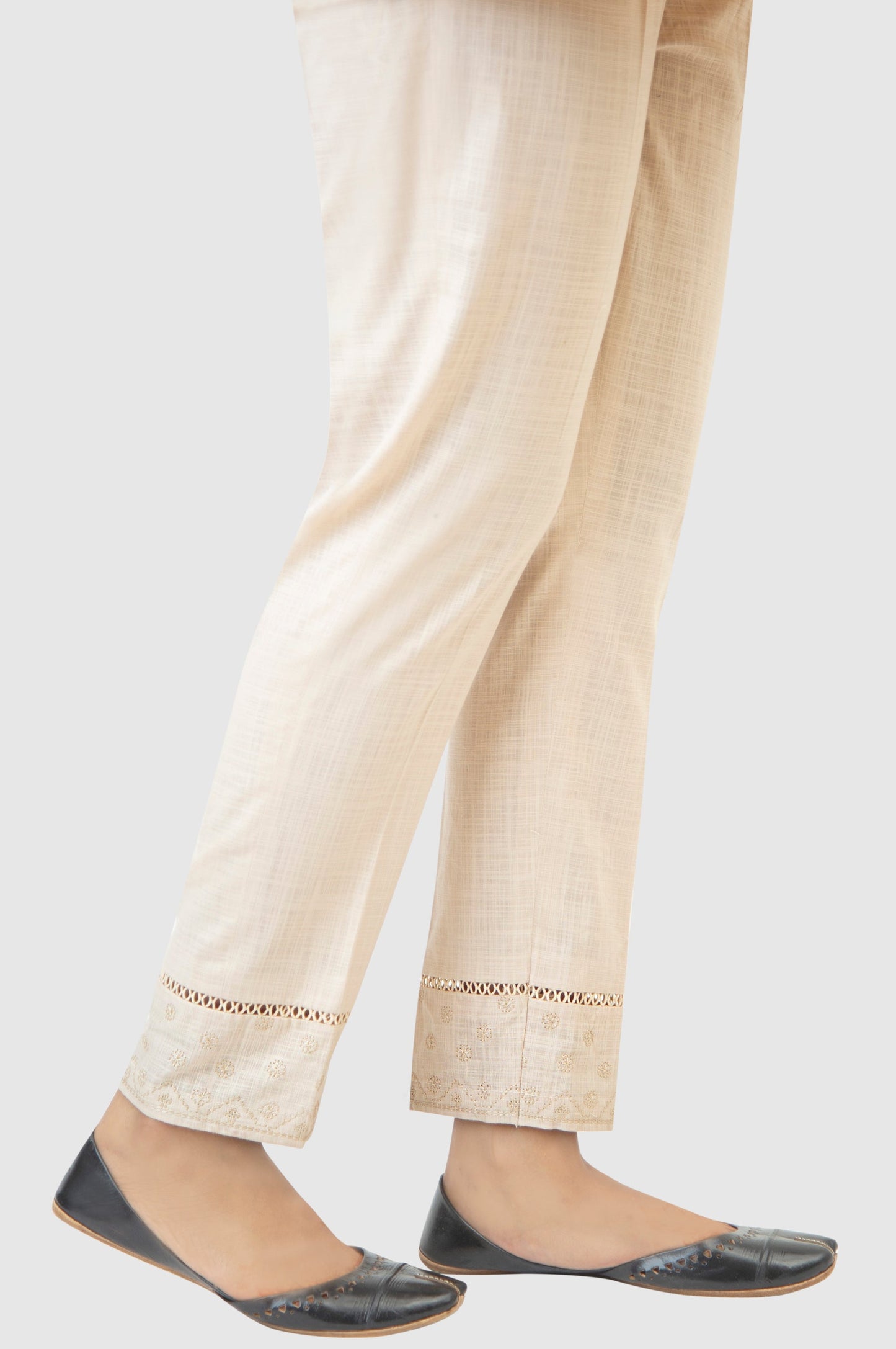 Embroidered Cotton Slub Cigeratte Pants - Beige