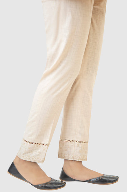 Embroidered Cotton Slub Cigeratte Pants - Beige