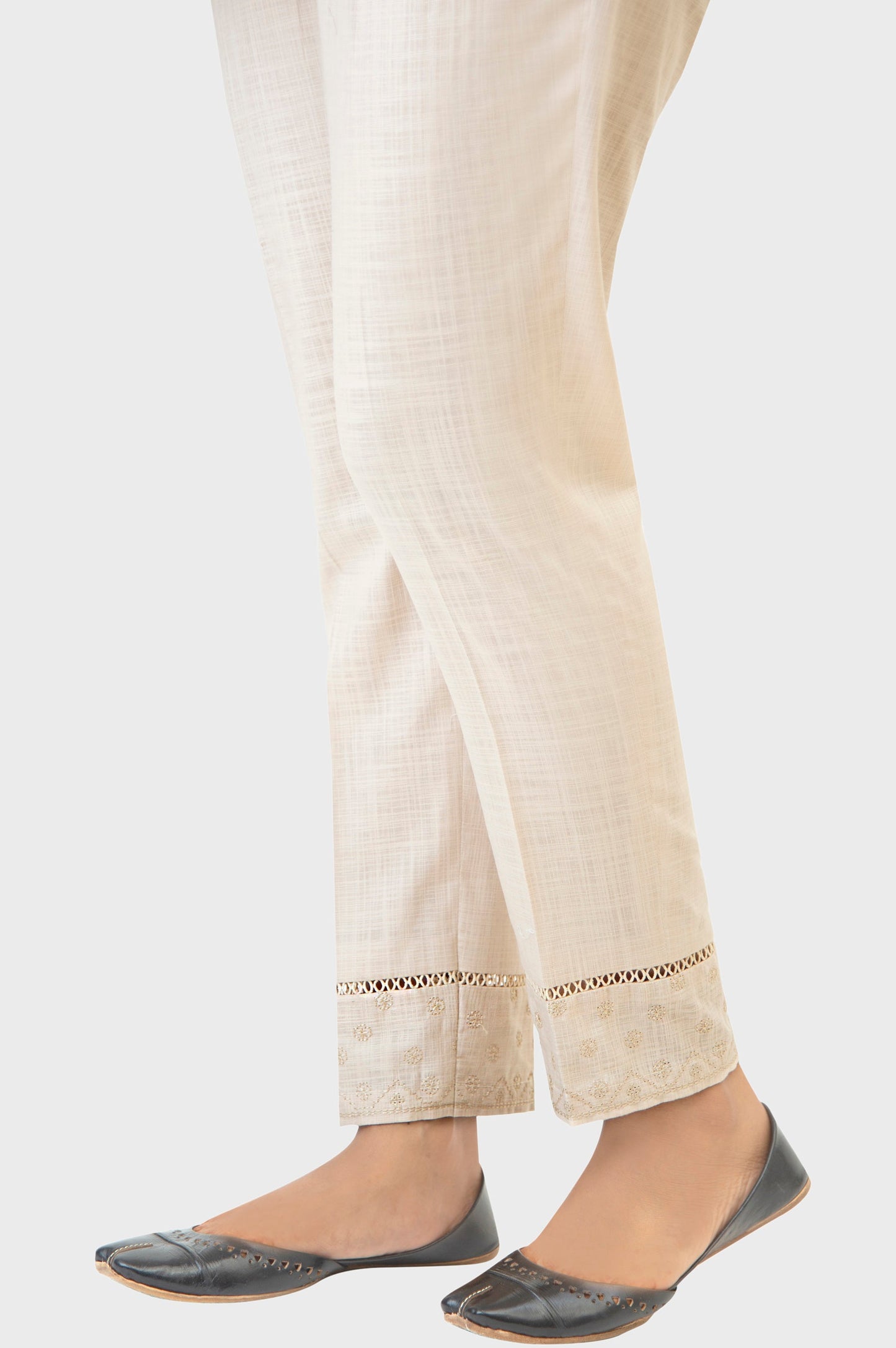 Embroidered Cotton Slub Cigeratte Pants - Beige