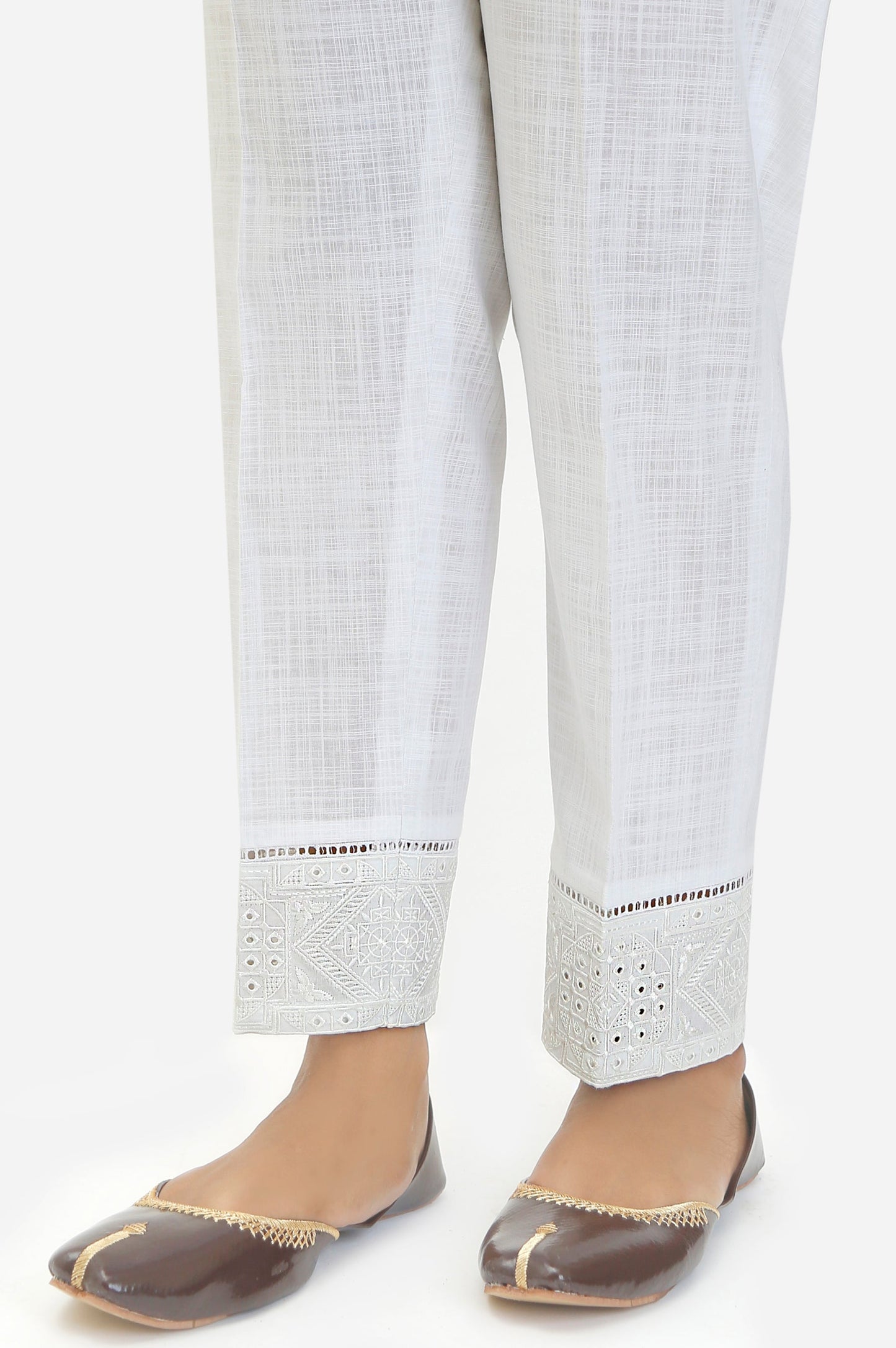 Embroidered Cotton Slub Cigeratte Pants - Rose White