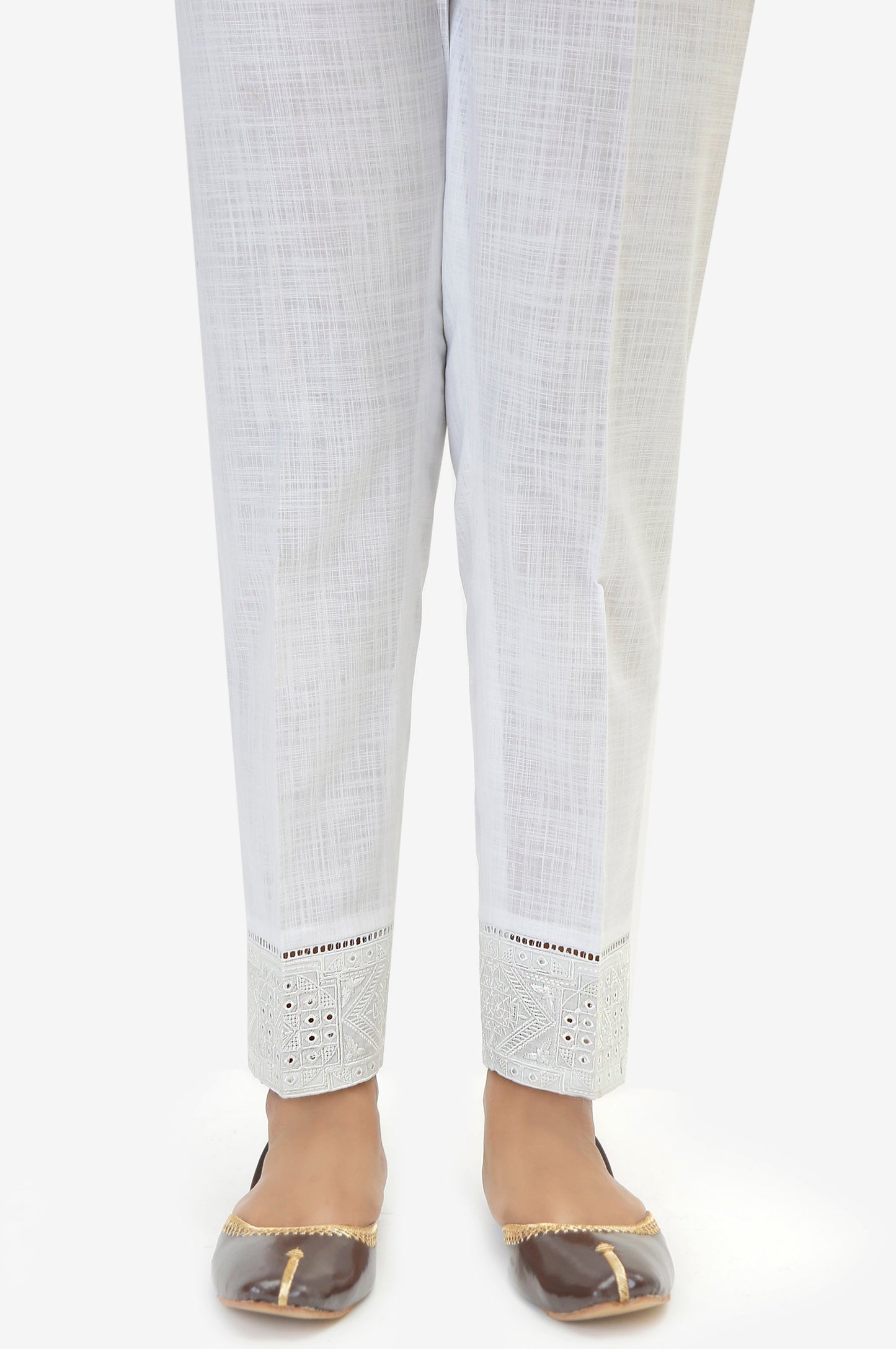 Embroidered Cotton Slub Cigeratte Pants - Rose White