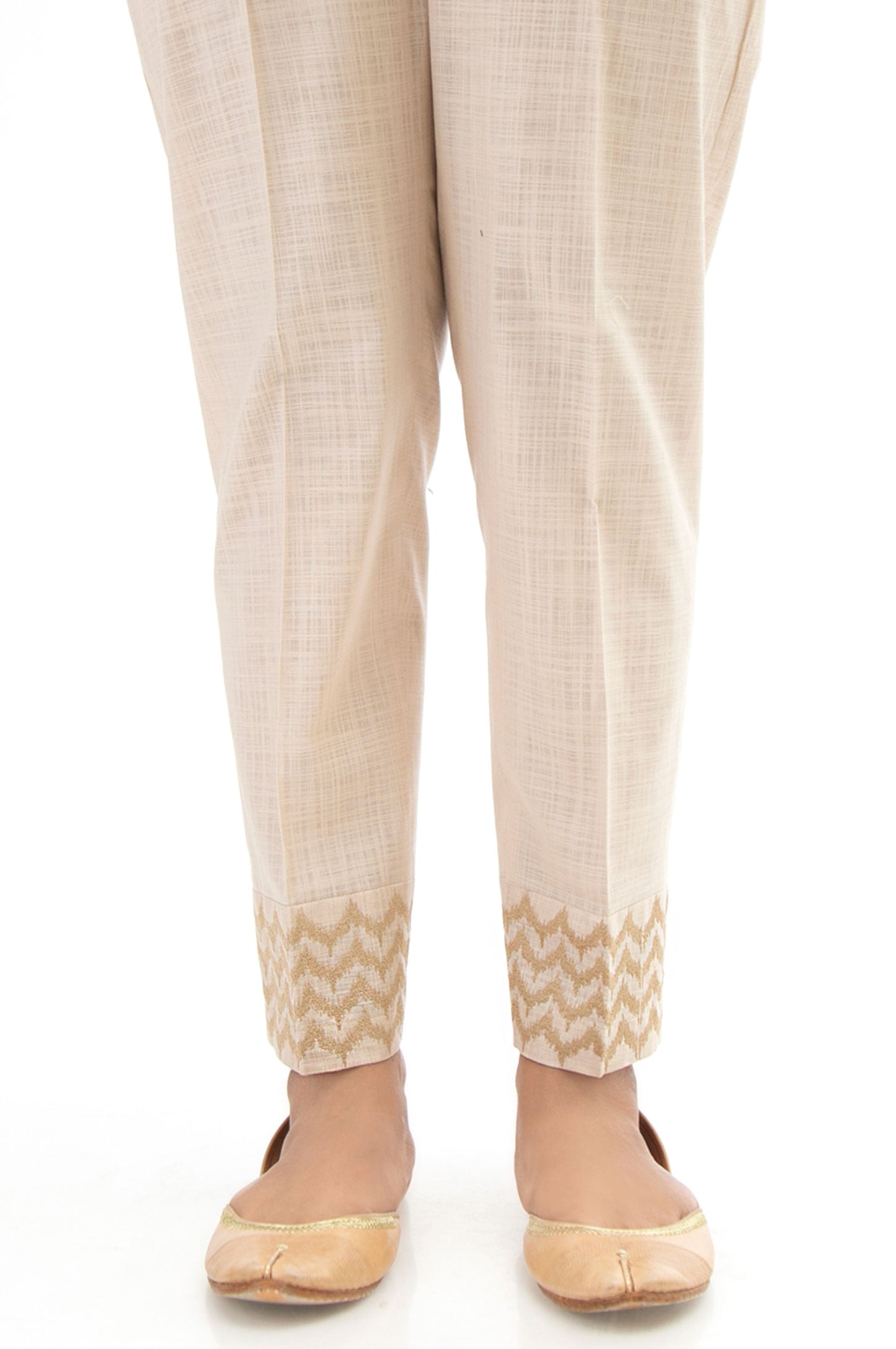 Embroidered Cotton Slub Cigarette Pants - Beige