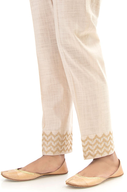 Embroidered Cotton Slub Cigarette Pants - Beige