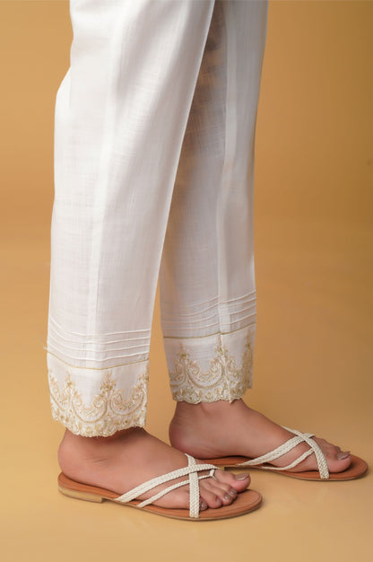 Embroidered Cotton Slub Cigarette Pants - White