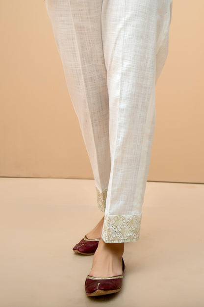 Cotton Slub Embroidered Cigarette Pants - White