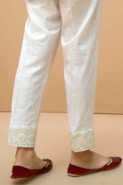 Cotton Slub Embroidered Cigarette Pants - White