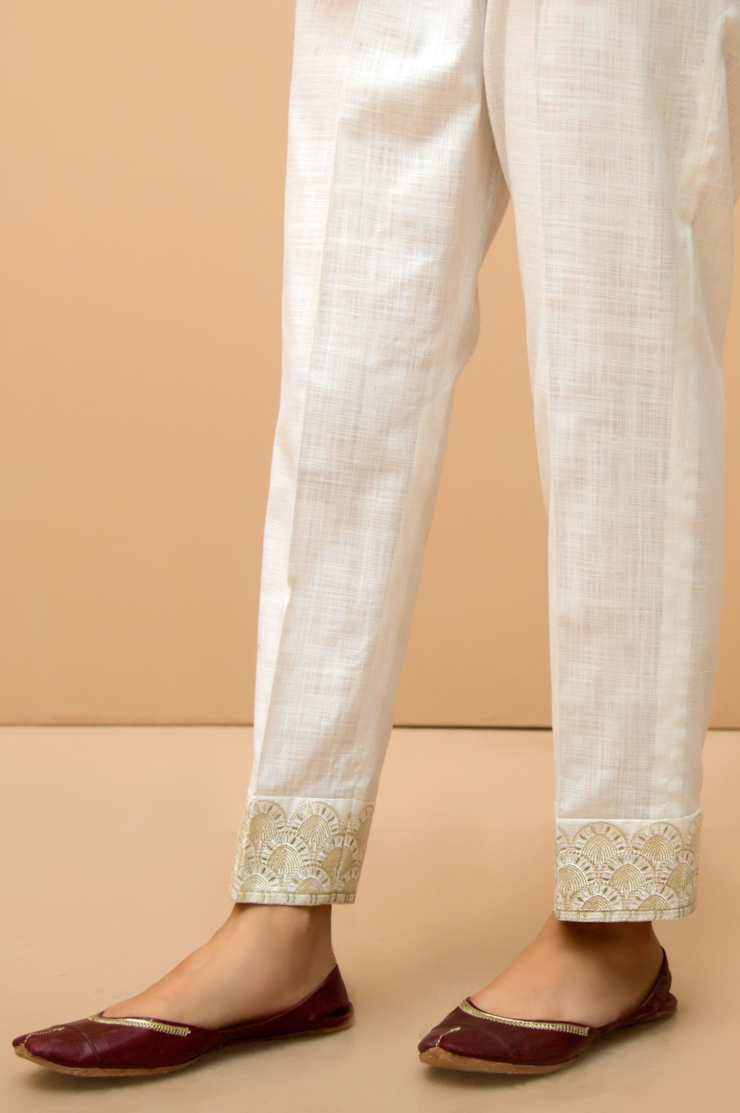 Cotton Slub Embroidered Cigarette Pants - White