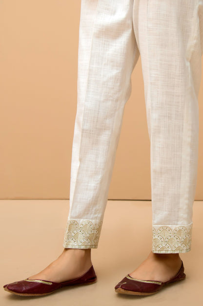 Cotton Slub Embroidered Cigarette Pants - White