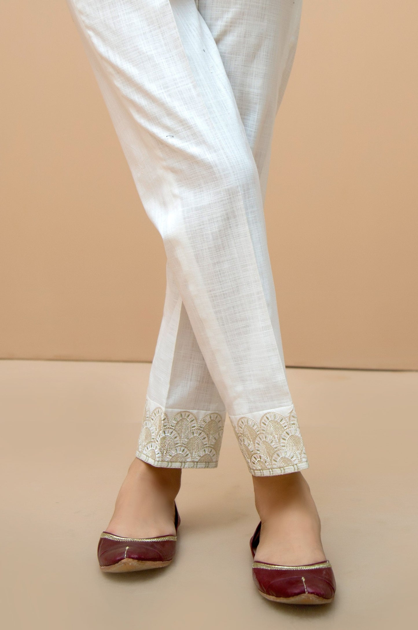 Cotton Slub Embroidered Cigarette Pants - White