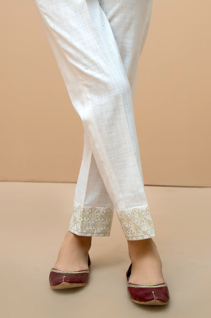 Cotton Slub Embroidered Cigarette Pants - White