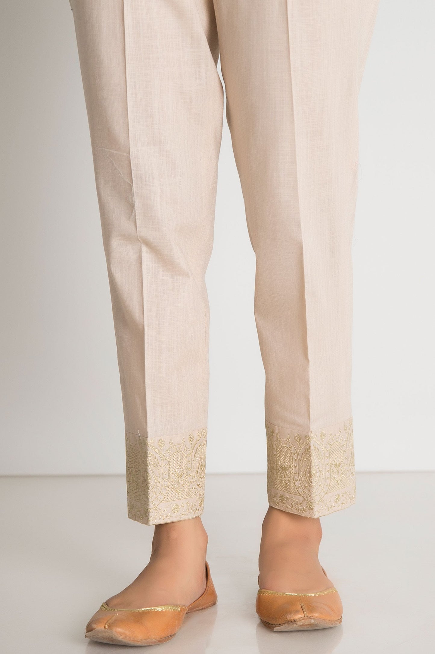 Embroidered Cotton Slub Cigarette Pants - Beige