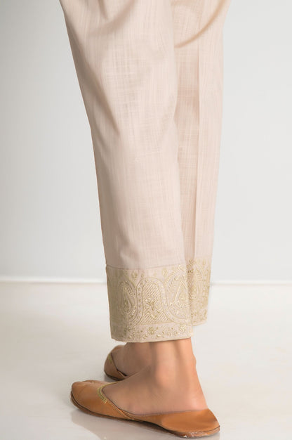 Embroidered Cotton Slub Cigarette Pants - Beige