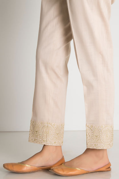 Embroidered Cotton Slub Cigarette Pants - Beige