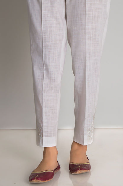 Embroidered Cotton Slub Cigarette Pant - White