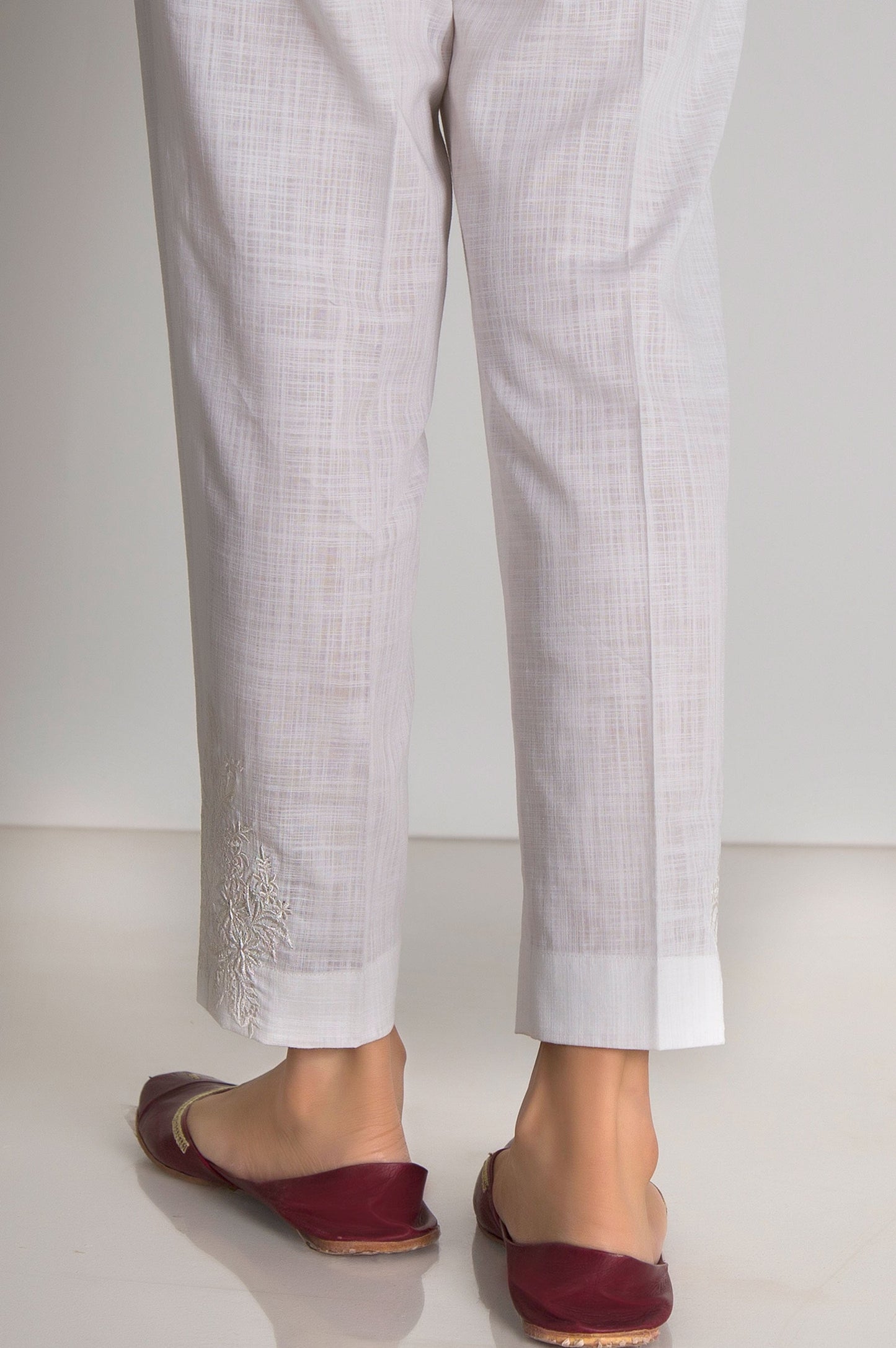 Embroidered Cotton Slub Cigarette Pant - White
