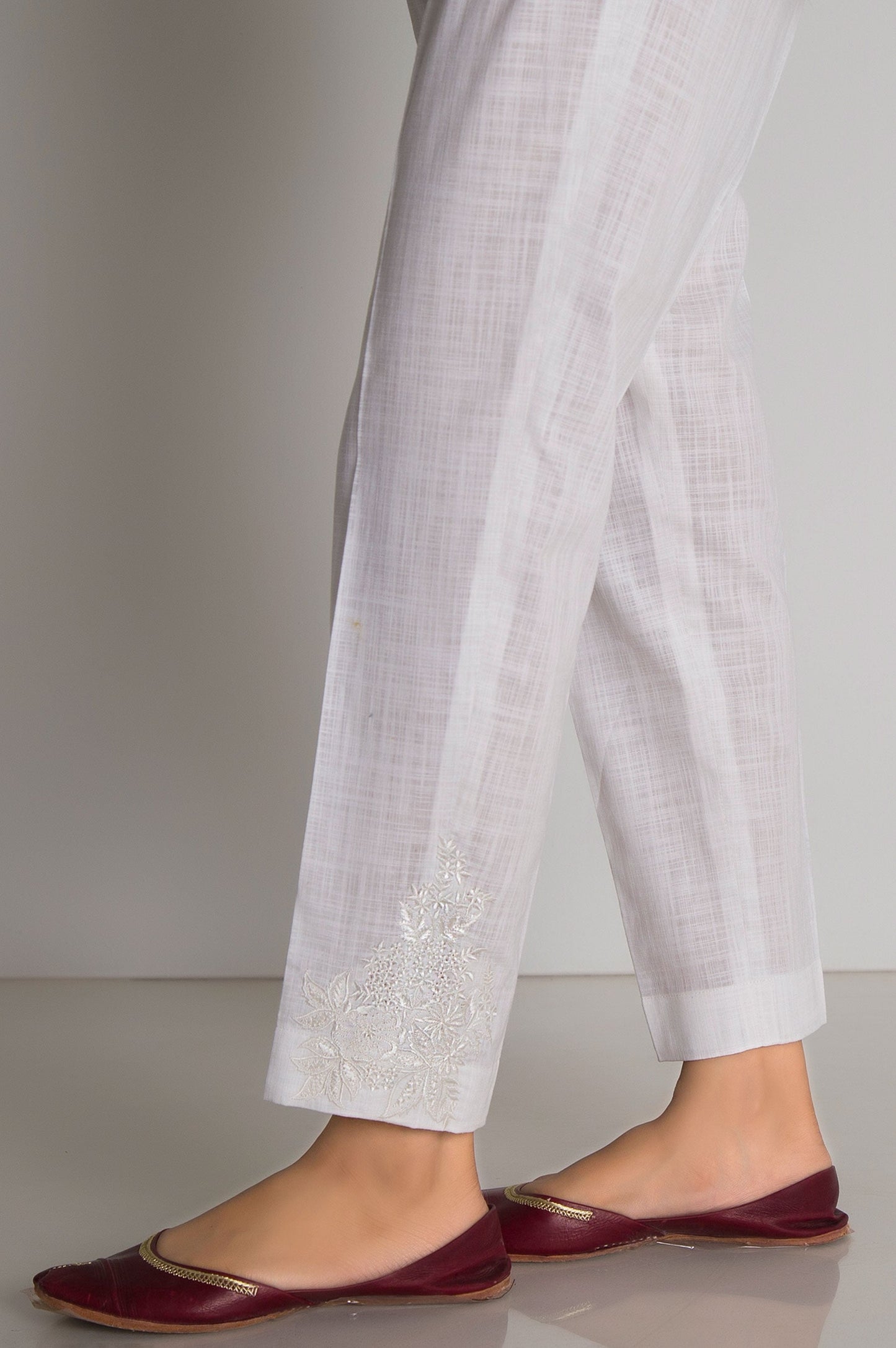 Embroidered Cotton Slub Cigarette Pant - White