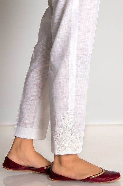 Embroidered Cotton Slub Cigarette Pant - White