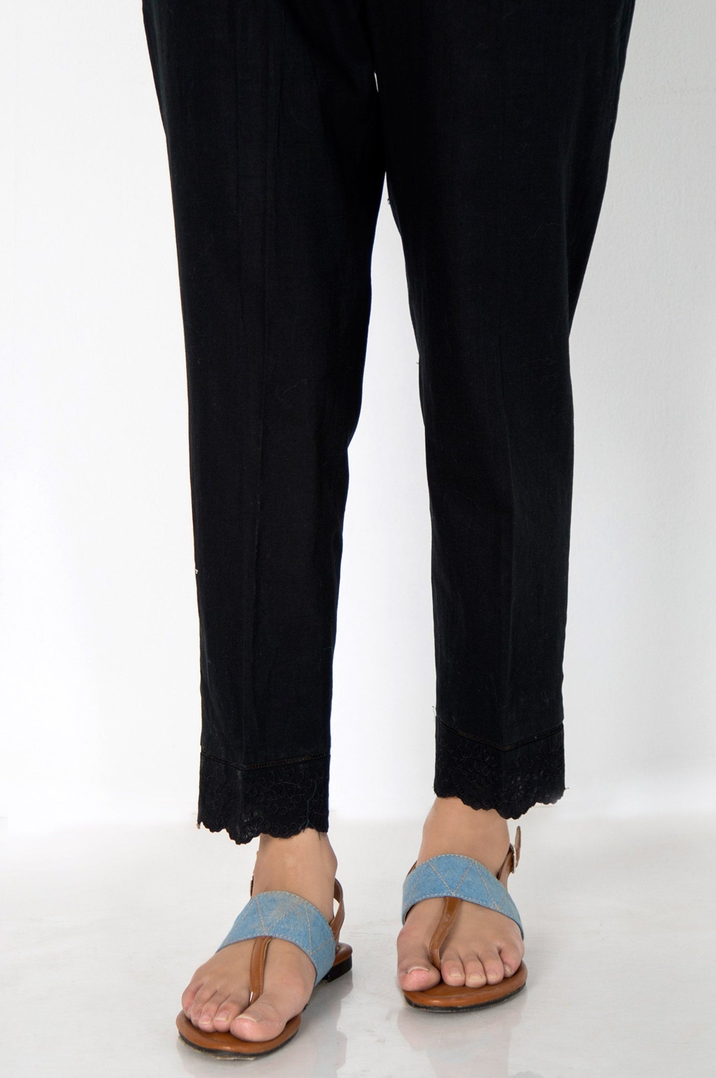 Cotton Slub Embroidered Cigarette Pants - Midnight Black