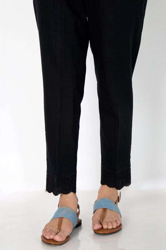 Cotton Slub Embroidered Cigarette Pants - Midnight Black