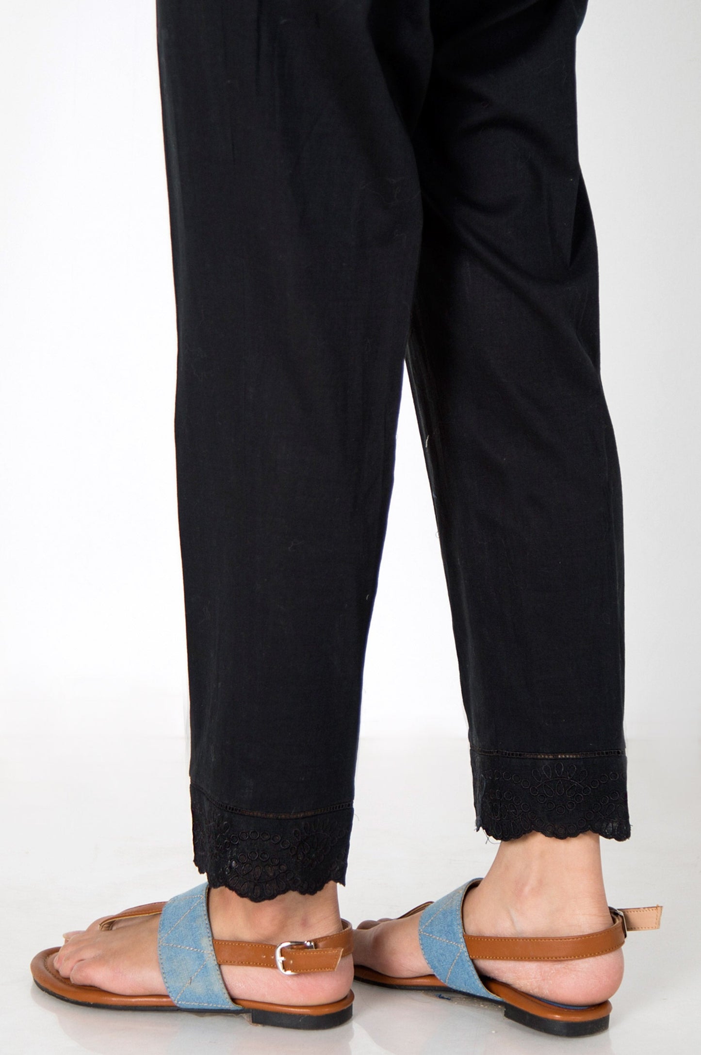 Cotton Slub Embroidered Cigarette Pants - Midnight Black