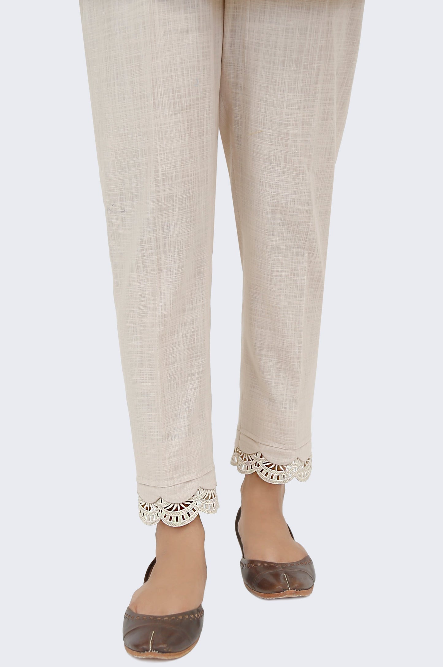 Embellished Cotton slub Cigarette Pants - Beige