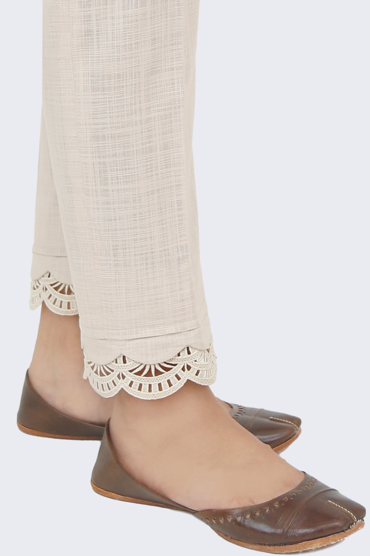 Embellished Cotton slub Cigarette Pants - Beige